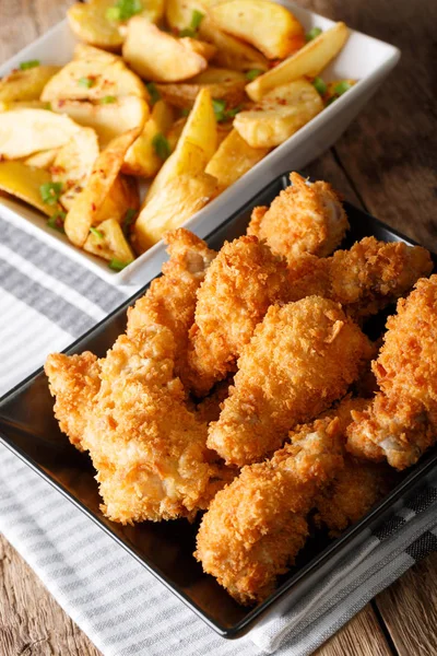 Kızarmış tavuk kanatları breading ve patates yakın çekim. dikey