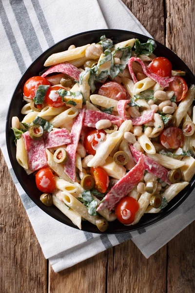 İtalyan yemeği: salam, peynir ve sebze cl ile penne makarna