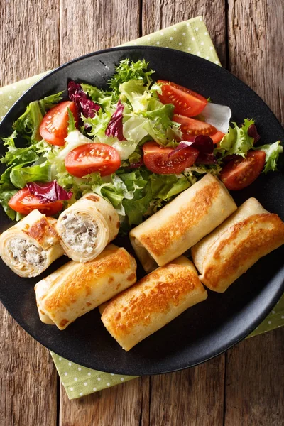 Crepes rolls with chicken, cheese and mushrooms close-up and veg — Stock Photo, Image