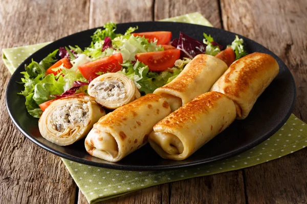 Pancakes stuffed with chicken and mushrooms and fresh vegetable — Stock Photo, Image