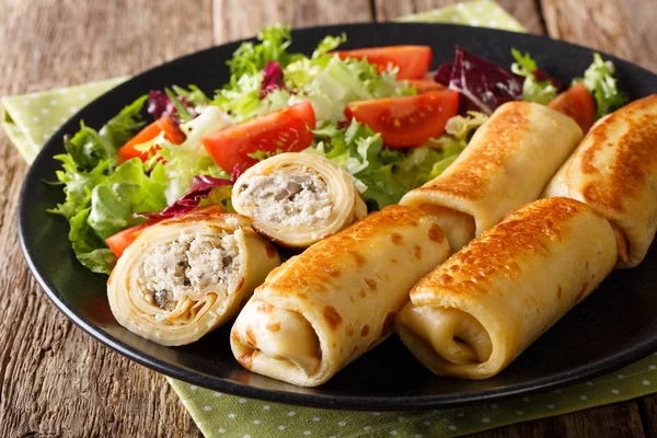 Crêpes fyllda med kyckling och champinjoner och färska vegetabiliska sa — Stockfoto