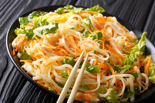 Азиатский салат с рисовой лапшой, куриной грудью, морковью и зеленью — стоковое фото