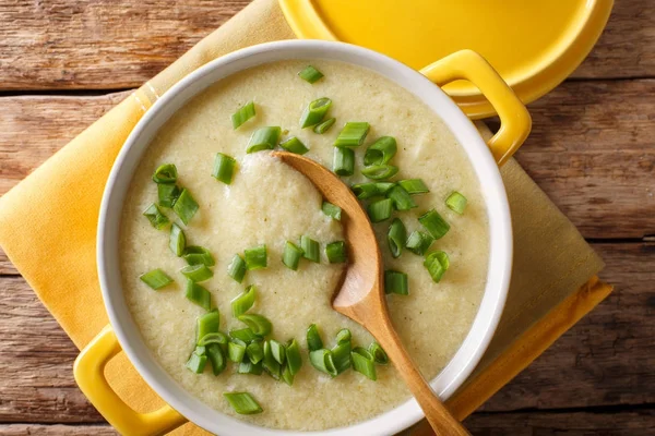 Sopa de huevo gruesa saludable con cebolla verde de cerca en un tazón. Hor. — Foto de Stock