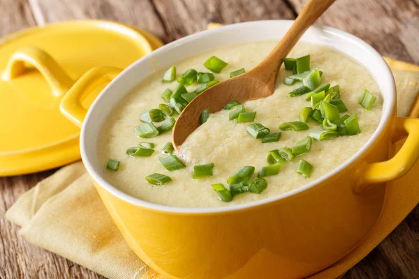 Healthy thick egg soup with green onions close-up in a bowl. hor — Stock Photo, Image