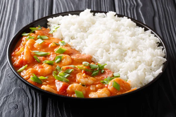 American cuisine: spicy gumbo with prawns, sausage and rice clos