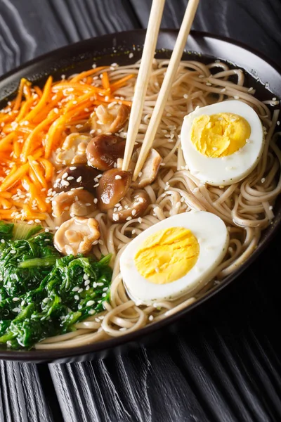 Fideos de sopa de trigo sarraceno con verduras, hongos shiitake, huevo — Foto de Stock