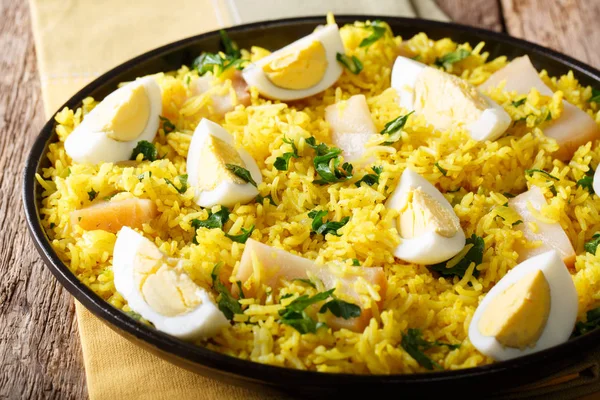 Kedgeree kerrie rijst met gerookte vis, eieren, koriander close-up op — Stockfoto