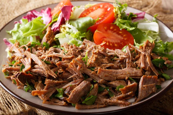 Spicy pulled beef with fresh vegetable salad close-up. horizonta — Stock Photo, Image