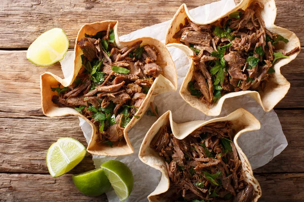 Mexikanska barbacoa med nötkött, lime och gröna närbild på papper. H — Stockfoto