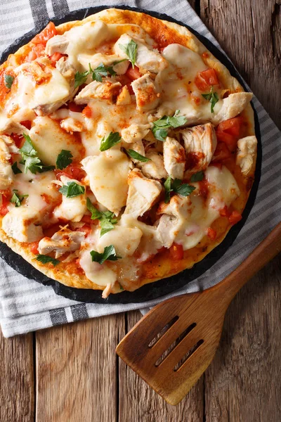 Pizza piccante con pollo, pomodori, salsa di bufala e formaggio clo — Foto Stock