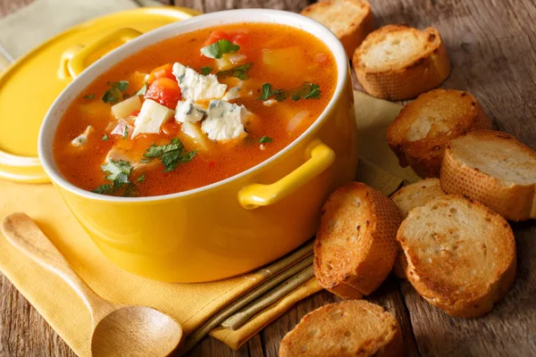 Домашній гострий буффаловий суп з куркою, овочами та синім ч — стокове фото