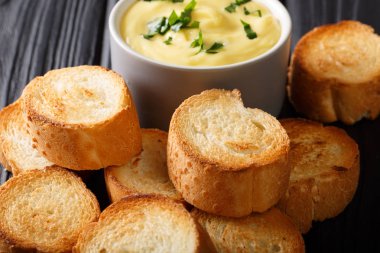 kremalı sos daldırma, crostini ve peynir yakın çekim. Yatay