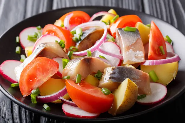 Вкусный салат из копченой скумбрии с картошкой, редиской и Томом — стоковое фото
