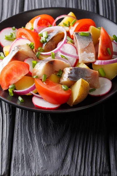 Salad of vegetables with smoked mackerel close-up on a plate. Ve — Stock Photo, Image