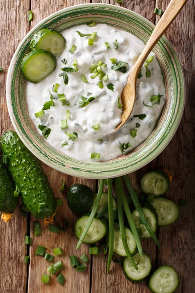 Sauce de yaourt aux herbes, épices et concombre en gros plan sur le — Photo