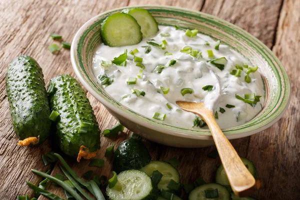 Sauce aus Joghurt mit Kräutern, Gewürzen und Gurken in Nahaufnahme auf der — Stockfoto