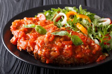 İtalyan sığır Pizzaiola ve taze sebze salatası yakın çekim. Yatay