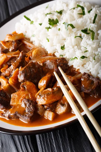 Hayashi japanischer Reis mit Rindfleisch, Zwiebeln und Pilzen in Nahaufnahme — Stockfoto