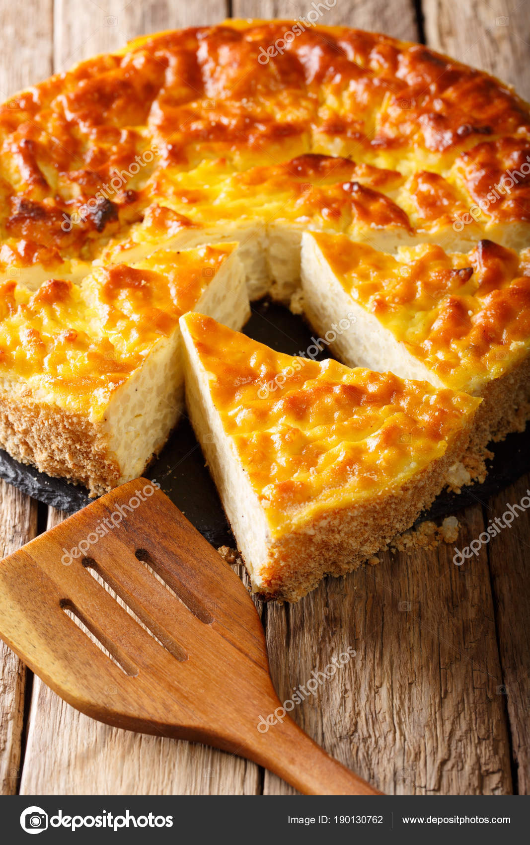 Rice pie with ricotta cheese, eggs and sugar closeup. vertical Stock