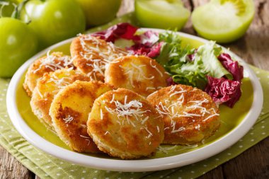 Lezzetli kızarmış yeşil domates taze salata makro bir plaka üzerinde