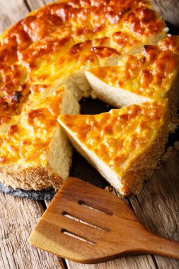 Ev yapımı dilimlenmiş pirinç ricotta peyniri yakın çekim ile pasta. dikey