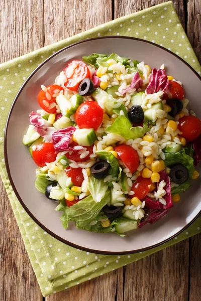 Comida vegetariana: ensalada de verduras con arroz de cerca en un plato . — Foto de Stock