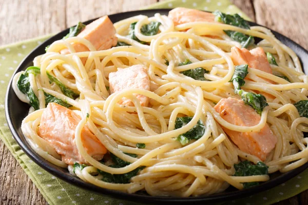 Espaguetis caseros con salmón, queso crema y espinacas — Foto de Stock