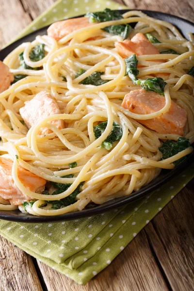 Cremige Spaghetti mit Lachs und Spinat in Nahaufnahme auf einem Teller. Ich habe — Stockfoto