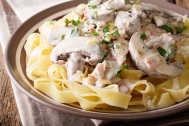 Geleneksel İtalyan fettuccine Boscaiola soslu mantar, 