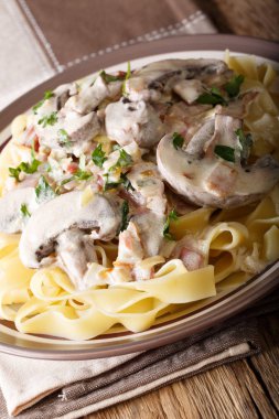 Makarna fettuccini Boscaiola sosu yakın bir plaka üzerinde çekim ile. Verti