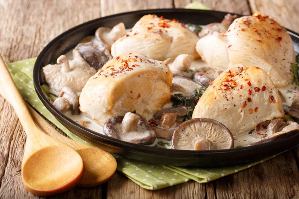 Comida rústica: filetes de pollo con una mezcla de champiñones silvestres y sp — Foto de Stock