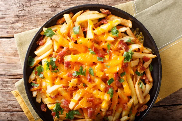 Portion of French fries with melted cheddar cheese, bacon and pa — Stock Photo, Image