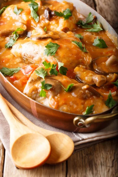 Rustic french food: chasseur chicken with wild mushrooms, onions — Stock Photo, Image