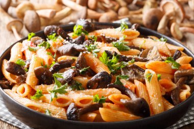 Yabani mantarlı makarna bal mantarı, domates, peynir...