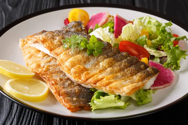 Fresh tasty grilled sea bass fillet with lemon and vegetable sal — Stock Photo, Image