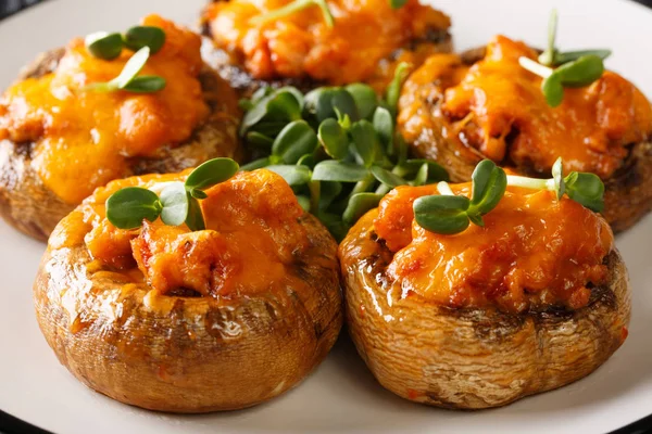 Mushrooms champignons stuffed with minced meat and cheddar chees — Stock Photo, Image