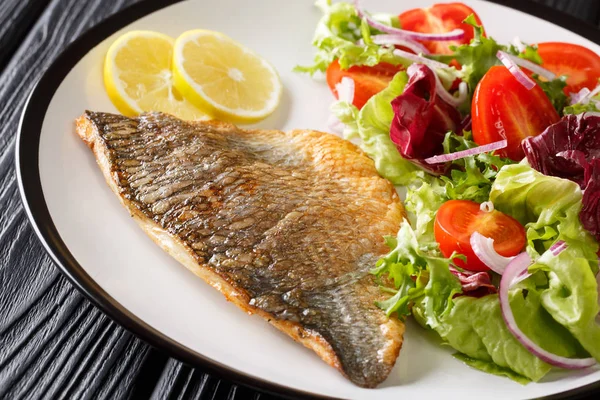 Fried gilt-head fish fillet with a side dish of vegetable salad — Stock Photo, Image