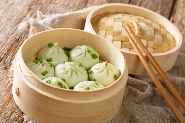 Lezzetli baozi köfteli bambu buharı. yatay