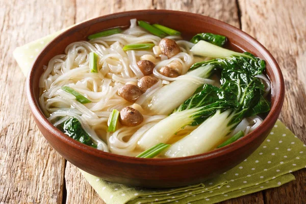 Chutná nudlová polévka s houbami, zelenou cibulí a bok choy clos — Stock fotografie