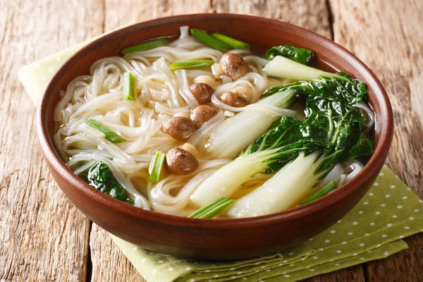 Leckere Nudelsuppe mit Champignons, grünen Zwiebeln und Bok Choy Clos — Stockfoto