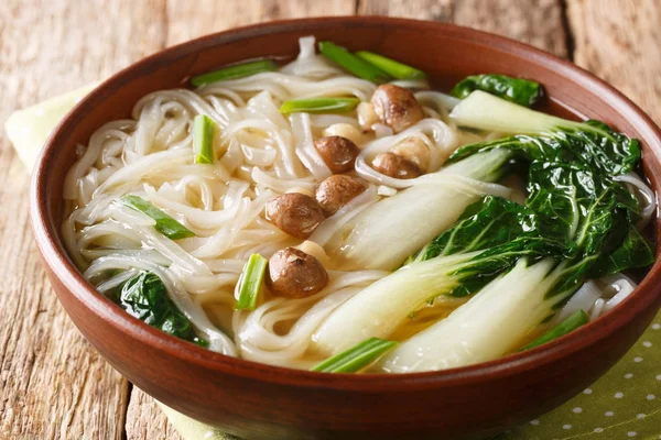 Kínai tésztaleves gombával, hagymával és bok choy közelkép — Stock Fotó
