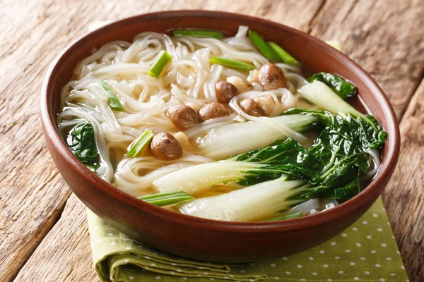 Dietetyczna zupa makaron azjatycki z grzybami, cebulą i bok choy blisko — Zdjęcie stockowe