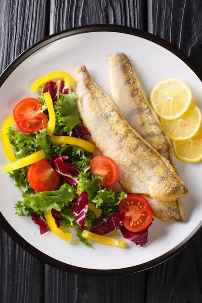 Gefrituurde zander filet geserveerd met verse salade close-up in een bord. — Stockfoto