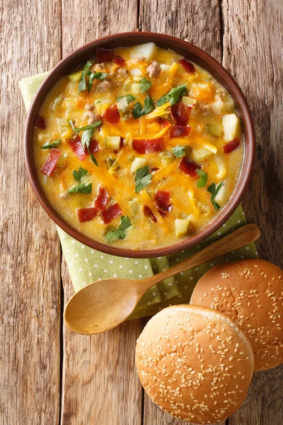 Tasty cheeseburger soup with vegetables, ground beef, cheese and — Stock Image Tasty cheeseburger soup with vegetables, ground beef, cheese and Stock Picture