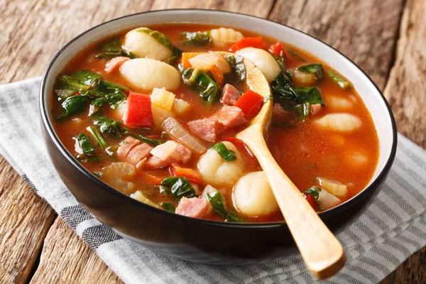 Sopa de nhoque com salsichas, tomate, espinafre e legumes clos — Fotografia de Stock
