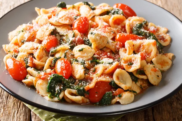 Sabrosa pasta orecchiette cocida con espinacas y queso parmesano — Foto de Stock