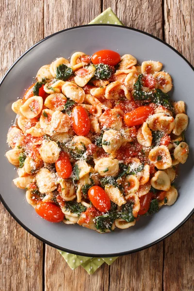 Orecchiette Nudeln mit Spinat und Parmesan in Tomatensau — Stockfoto