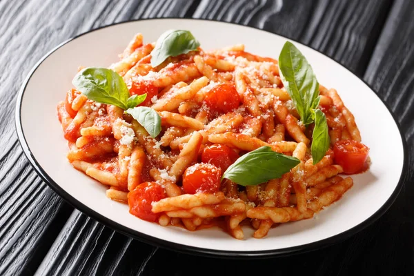 Pasta trofie de liguria cocida con salsa de tomate, parmesano y bas —  Fotos de Stock
