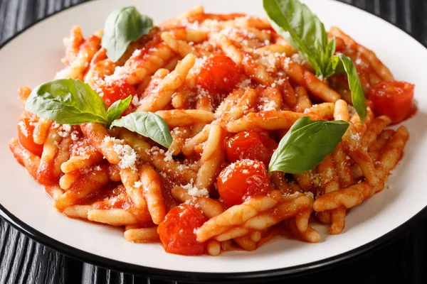 Porción de pasta trofie con salsa de tomate, queso y clos de albahaca — Foto de Stock