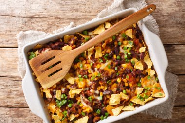 recipe for a delicious frito pie with ground beef, cheese, corn, clipart